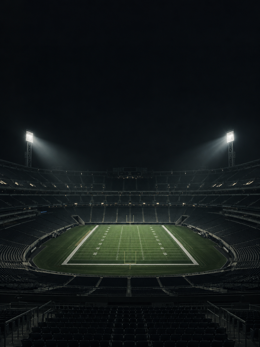 An empty football stadium at night under the floodlights